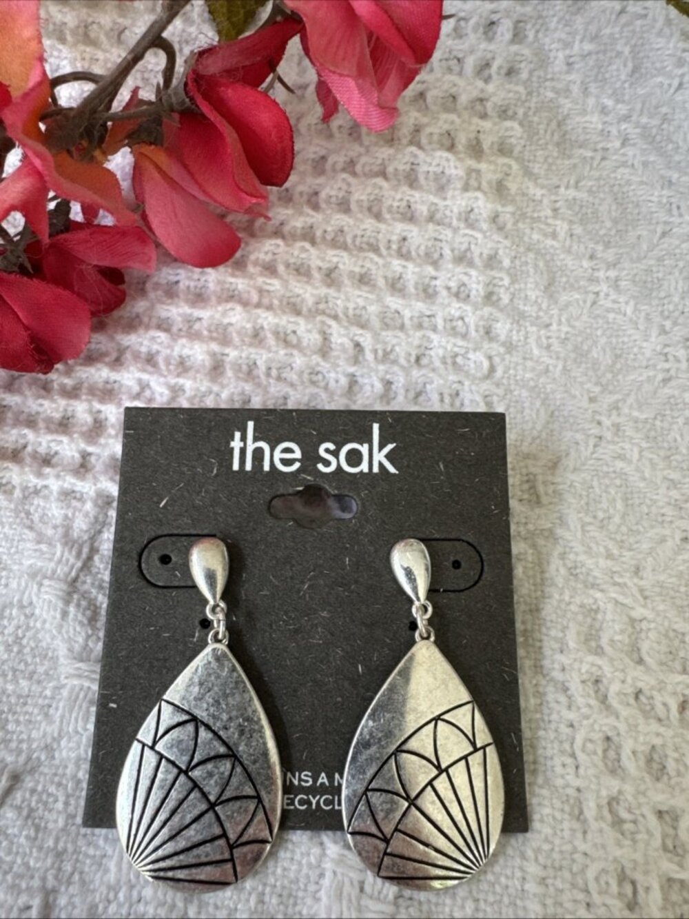 NWT THE SAK Silver Tone Black Etched Teardrop Dangle Earrings Bohemian 2"
